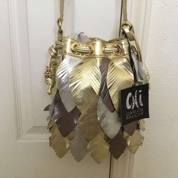 NWT RARE Chi By Carlos FALCHI Genuine Metallic  LEAVES  Bucket/ Crossbody Bag - Picture 2 of 12